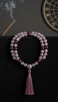 Smoky lavender mala beads with garnet accents