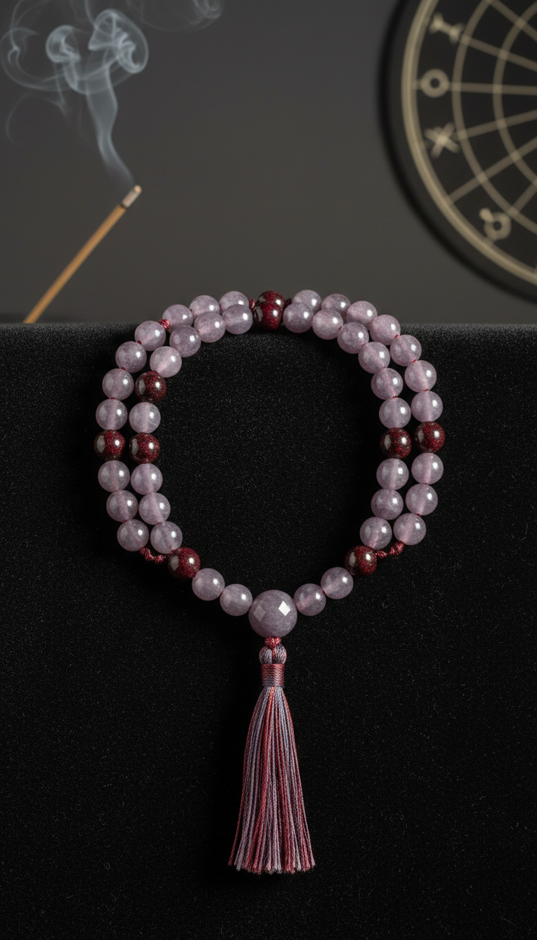 Smoky lavender mala beads with garnet accents
